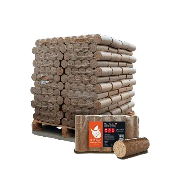 Heizfuxx Nestro XL Rot Holzbriketts Hartholz – 960 kg Palette (96×10 kg), Heizwert ≥4,8 kWh/kg, Rundbriketts Heizfuxx